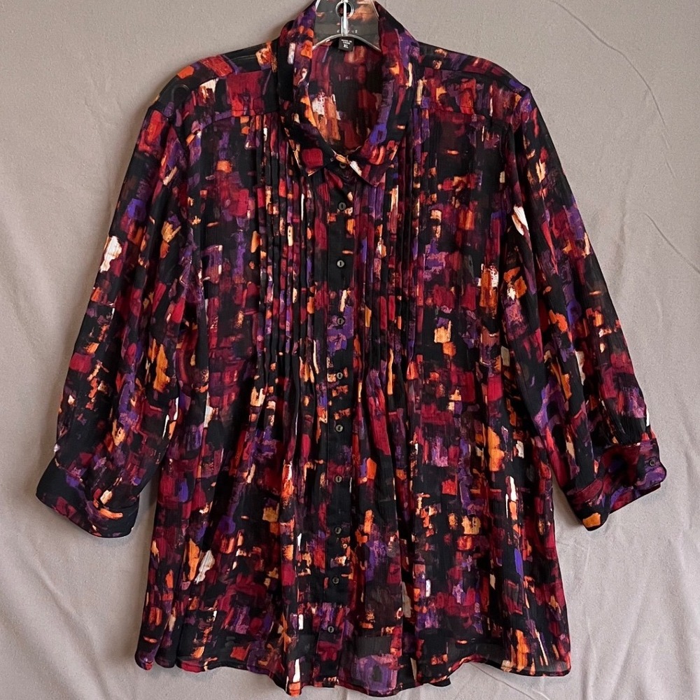 Fever Womens XL Abstract Print Pleated Button-Down Blouse Size XL